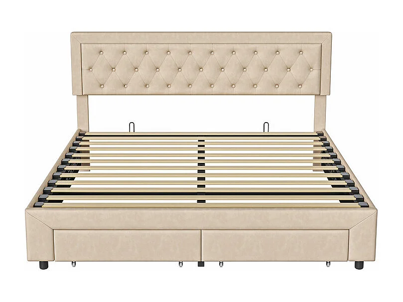 Łóżko Podwójne 160x200 z Wbudowanym Schowkiem, Beżowe Panele Zagłówka z Aksamitnego Weluru, System Hydrauliczny i Stelaż Listwowy