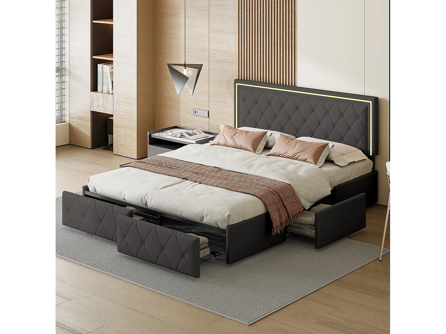 Lit Double 160x200 avec Tiroirs, Grand Lit avec Rangement, Bandeau LED APP, Cuir PU Gris Moderne