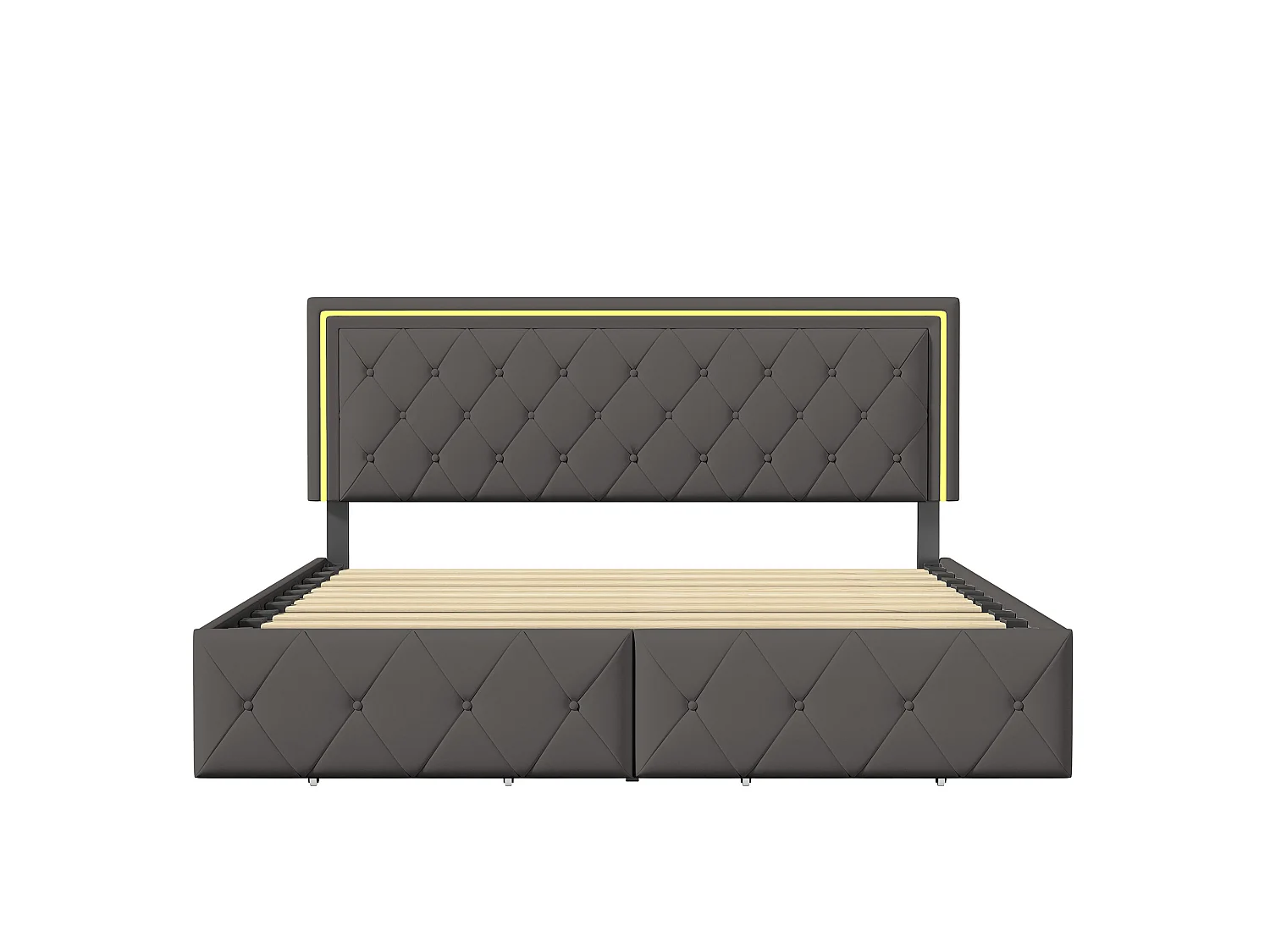 Lit Double 160x200 avec Tiroirs, Grand Lit avec Rangement, Bandeau LED APP, Cuir PU Gris Moderne