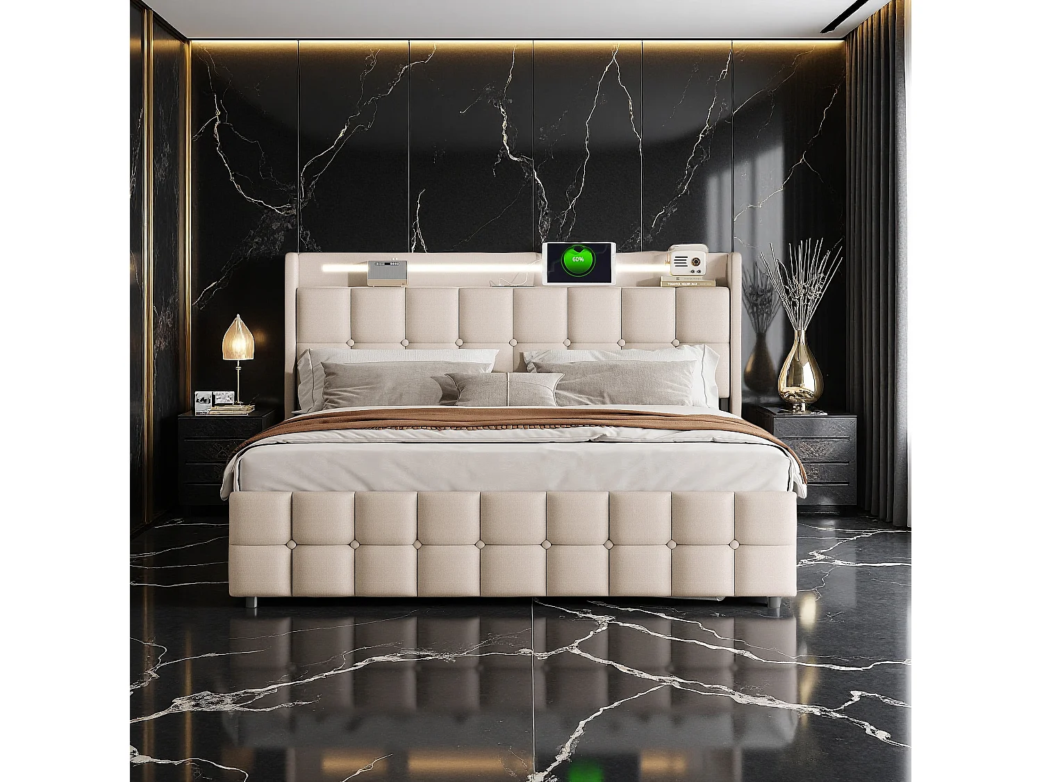 Lit Double avec Tiroirs et Rangement 160x200 - Tissu Lin Beige - Éclairage LED, Ports USB et Prises - 300 kg - Moderne et Design