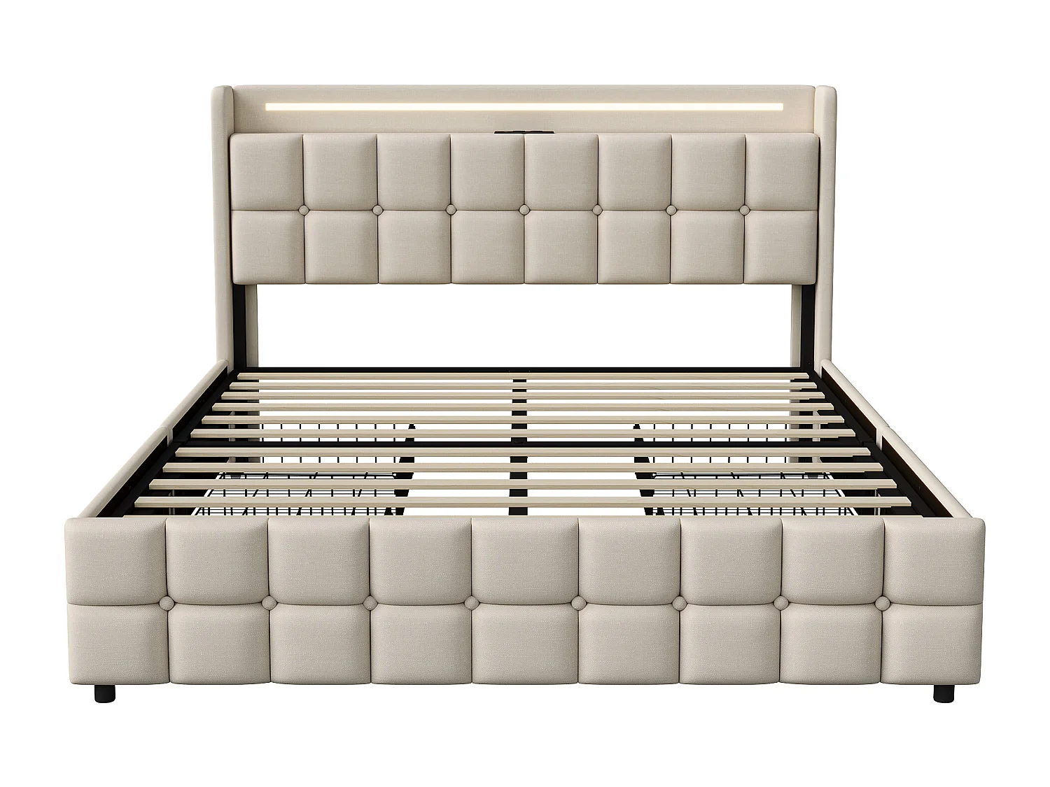Lit Double avec Tiroirs et Rangement 160x200 - Tissu Lin Beige - Éclairage LED, Ports USB et Prises - 300 kg - Moderne et Design