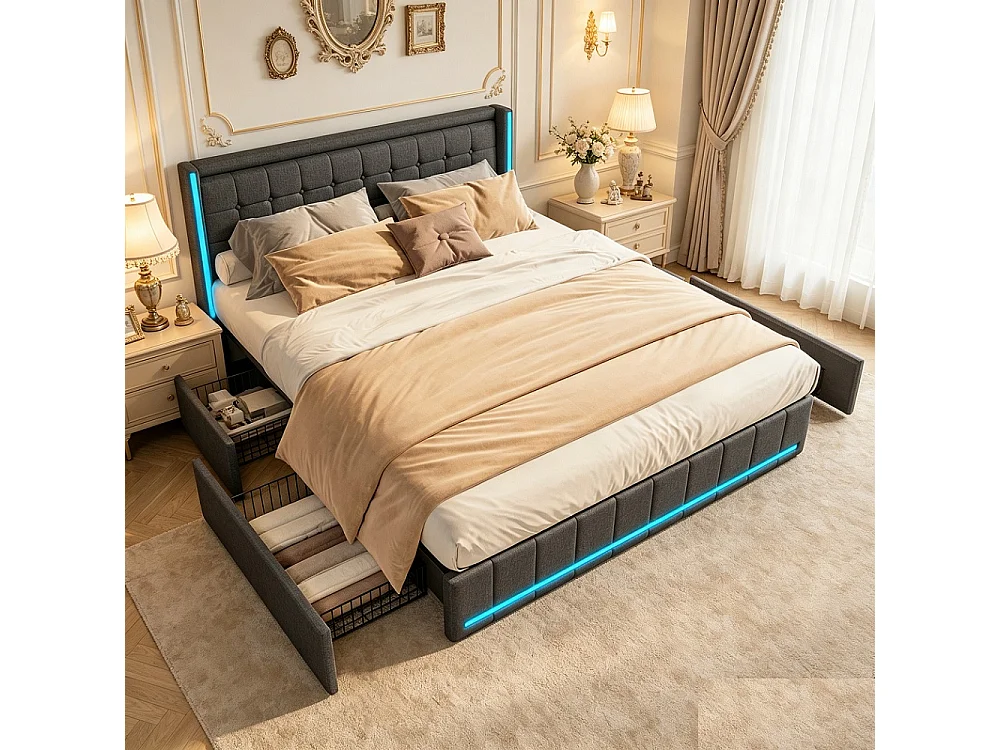 Modernes Lin Gepolstertes Bett mit LED-Beleuchtung, USB-Anschlüssen und 4 Aufbewahrungsschubladen - 160 x 200 cm - Grau