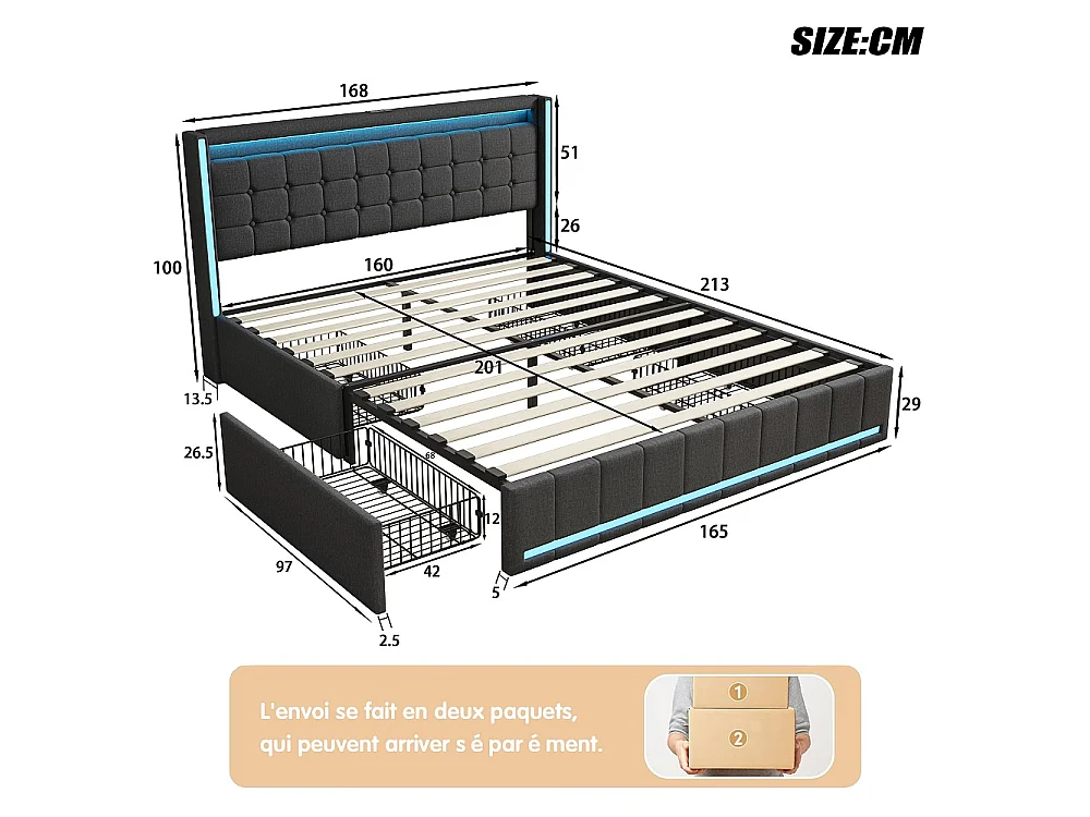 Modernes Lin Gepolstertes Bett mit LED-Beleuchtung, USB-Anschlüssen und 4 Aufbewahrungsschubladen - 160 x 200 cm - Grau