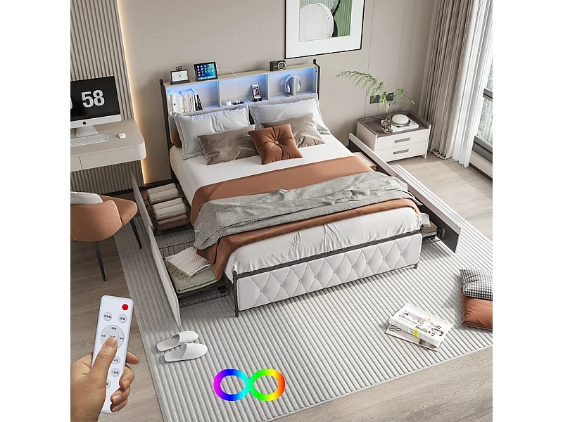 Lit Double 160x200 avec Rangement - Grand Lit Velours Béige 4 Tiroirs de Stockage et Tête de Lit LED - Structure Métal 300kg