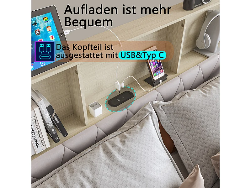 Lit Double 160x200 avec Rangement - Grand Lit Velours Béige 4 Tiroirs de Stockage et Tête de Lit LED - Structure Métal 300kg