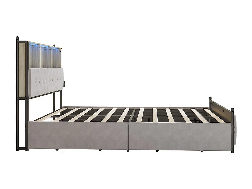 Lit Double 160x200 avec Rangement - Grand Lit Velours Béige 4 Tiroirs de Stockage et Tête de Lit LED - Structure Métal 300kg