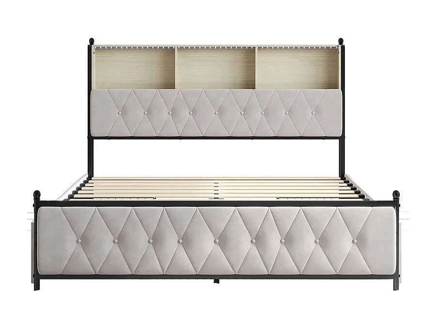 Lit capitonné avec tiroirs latéraux - 140 x 200 cm - tête de lit avec prise USB + LED RGB - velours - beige