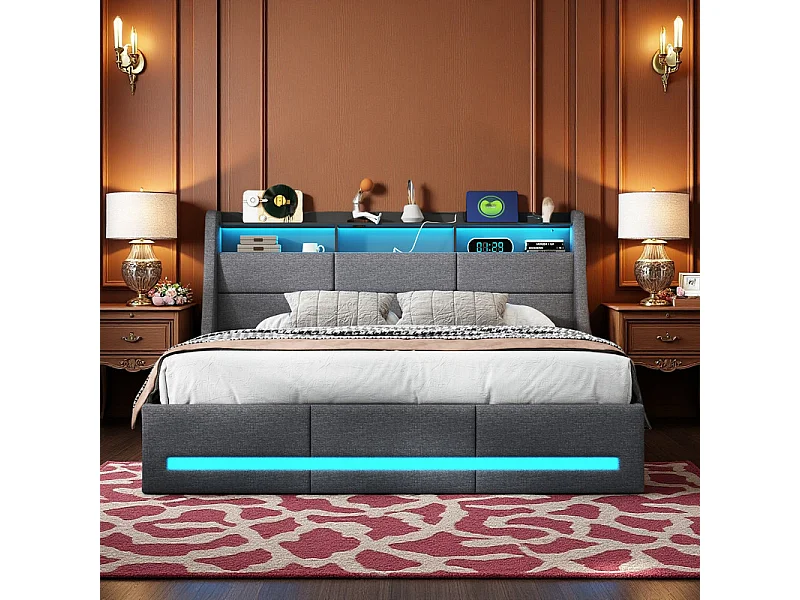 Grand Lit 160x200 avec Rangement Hydraulique, LED RGB et Ports USB - Tête de Lit Gris en Tissu, Design Moderne