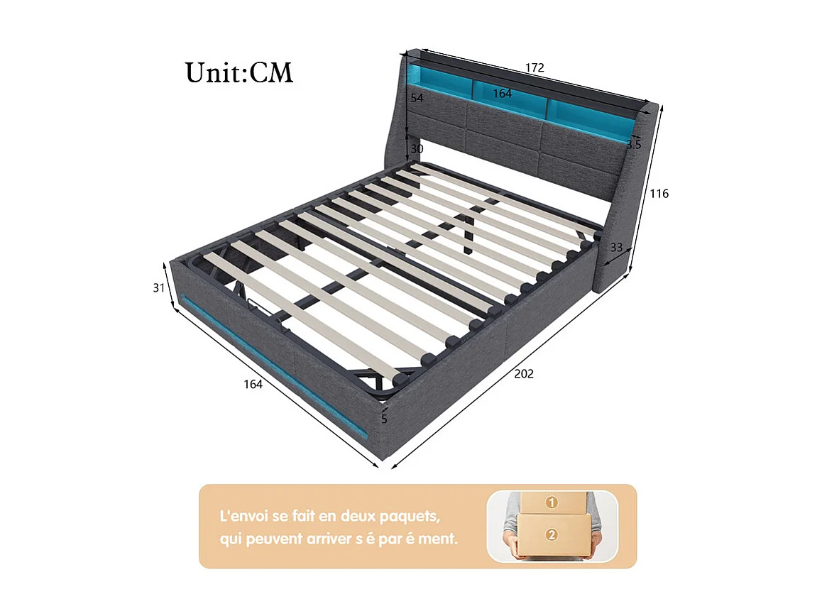 Grand Lit 160x200 avec Rangement Hydraulique, LED RGB et Ports USB - Tête de Lit Gris en Tissu, Design Moderne