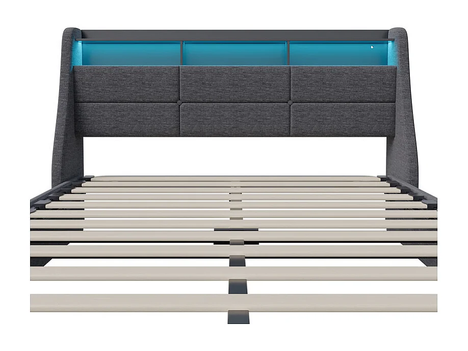 Lit coffre - 160 x 200 cm - bande LED multicolore intégrée + tête de lit avec rangement et prise USB - aspect lin - gris