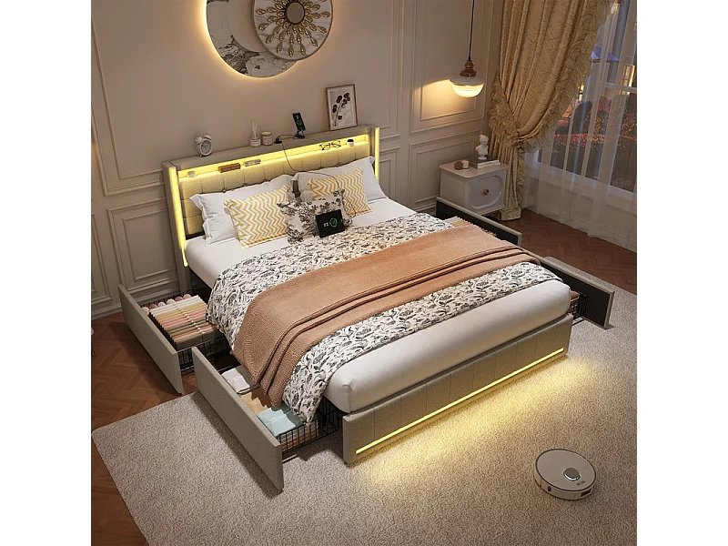 Lit Double 140x200 cm avec Tiroirs et Rangement, Lit avec LED RGB et Chargeur USB/USB-C, Tissu Lin Blanc, Lit Moderne à Rangements Multiples et Cachés