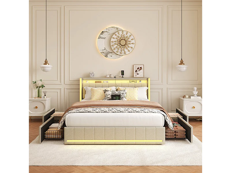 Lit Double 140x200 cm avec Tiroirs et Rangement, Lit avec LED RGB et Chargeur USB/USB-C, Tissu Lin Blanc, Lit Moderne à Rangements Multiples et Cachés