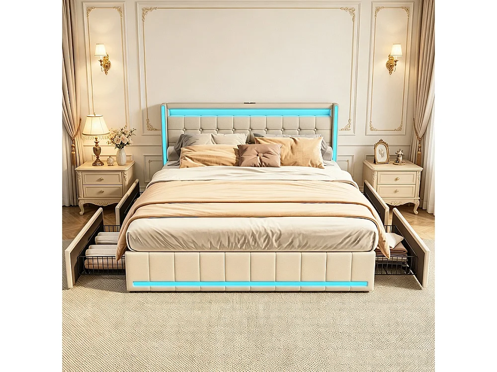 Doppelbett 140x200 cm mit 4 Schubladen, RGB LED-Beleuchtung, USB-Anschlüssen, beigem Leinenstoff, Metallrahmen und Lattenrost
