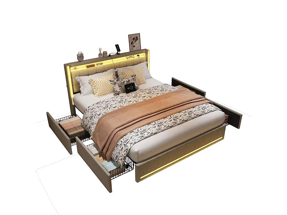 Doppelbett 140x200 cm mit 4 Schubladen, RGB LED-Beleuchtung, USB-Anschlüssen, beigem Leinenstoff, Metallrahmen und Lattenrost
