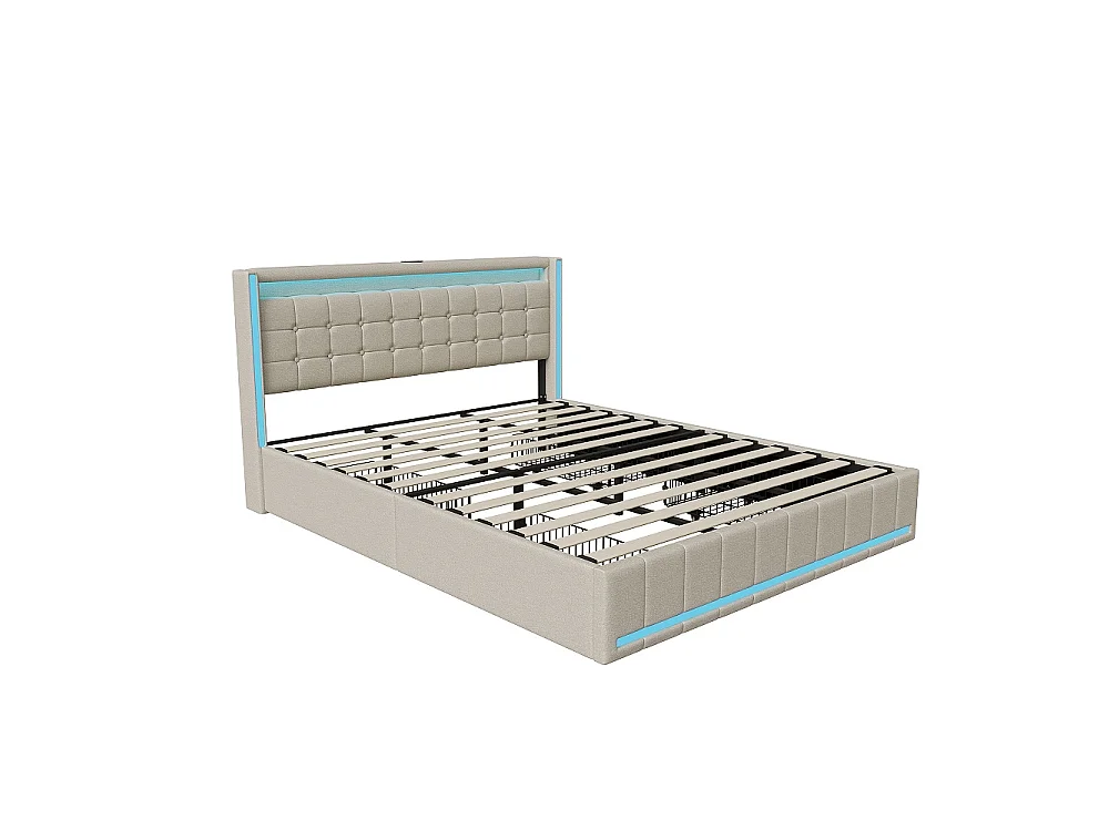 Doppelbett 140x200 cm mit 4 Schubladen, RGB LED-Beleuchtung, USB-Anschlüssen, beigem Leinenstoff, Metallrahmen und Lattenrost