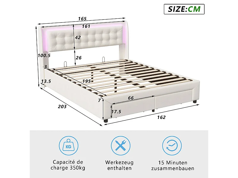 Lit Double 160x200cm avec Rangement Hydraulique, Tête de Lit Velours Blanc Cassé et Bandeau LED RGB Intégré