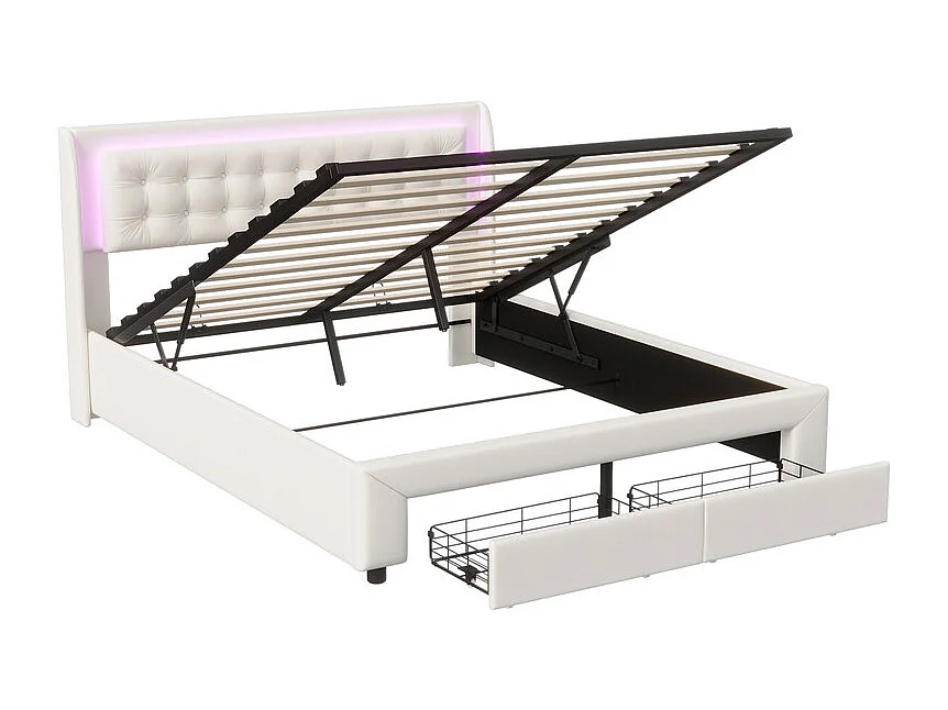 Lit Double 160x200cm avec Rangement Hydraulique, Tête de Lit Velours Blanc Cassé et Bandeau LED RGB Intégré