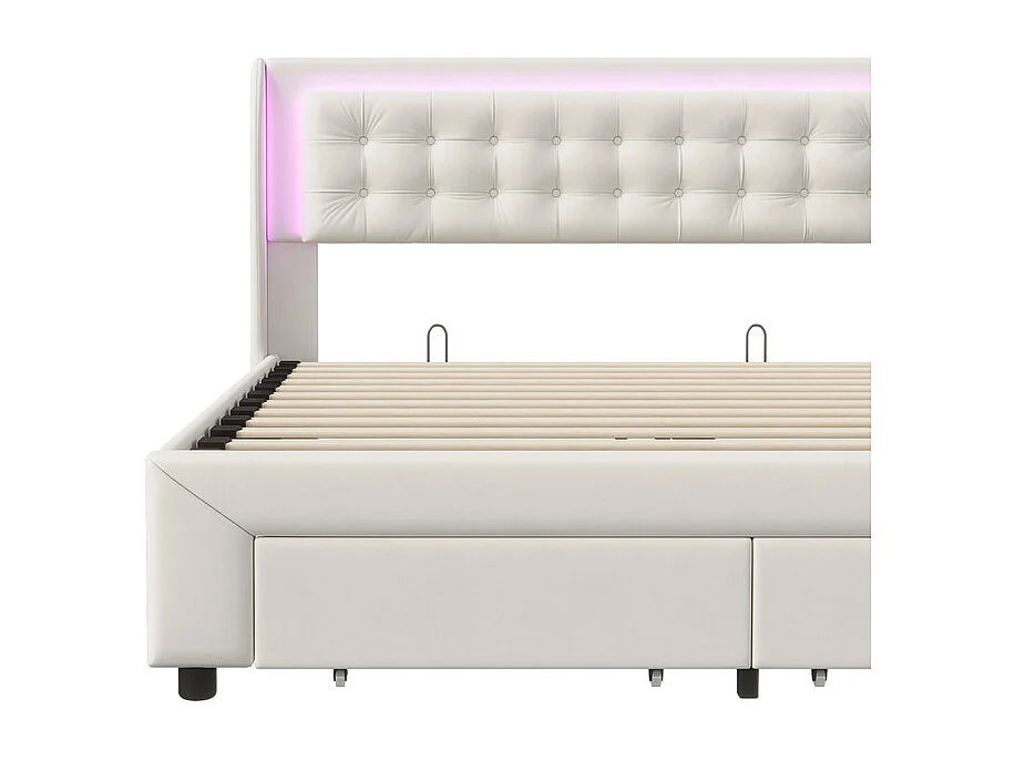 Lit Double 160x200cm avec Rangement Hydraulique, Tête de Lit Velours Blanc Cassé et Bandeau LED RGB Intégré