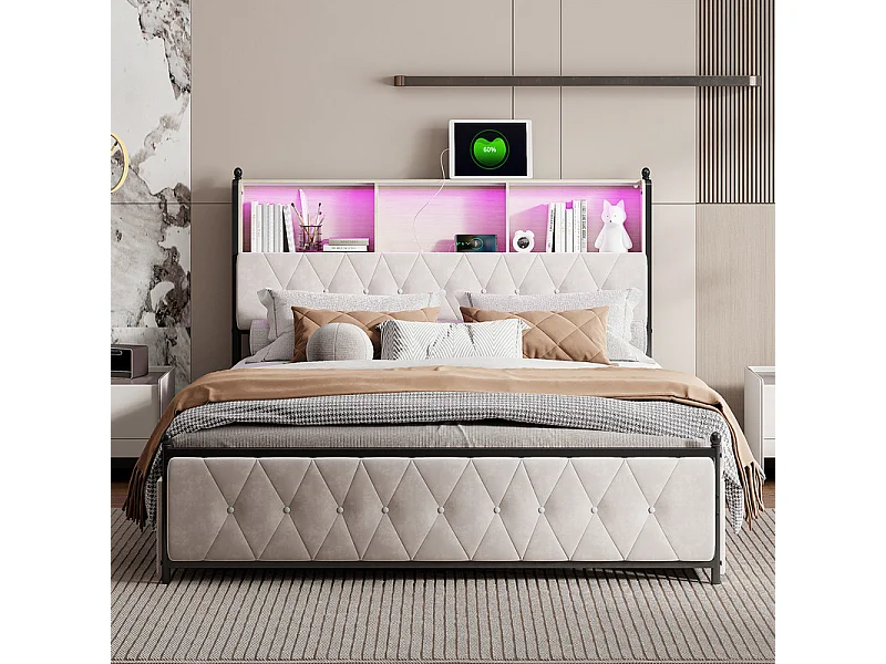 Lit Double 180x200 avec Rangement - Grand Lit Velours Béige 4 Tiroirs et Tête de Lit LED - Structure Renforcée 300kg Confort Maximal