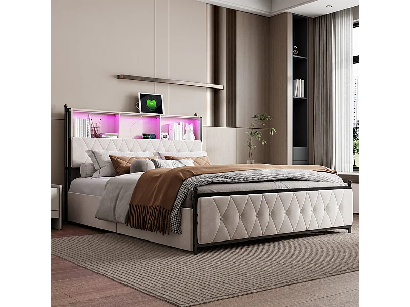 Lit Double 180x200 avec Rangement - Grand Lit Velours Béige 4 Tiroirs et Tête de Lit LED - Structure Renforcée 300kg Confort Maximal