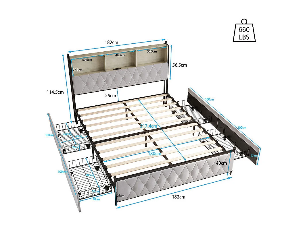 Lit Double 180x200 avec Rangement - Grand Lit Velours Béige 4 Tiroirs et Tête de Lit LED - Structure Renforcée 300kg Confort Maximal