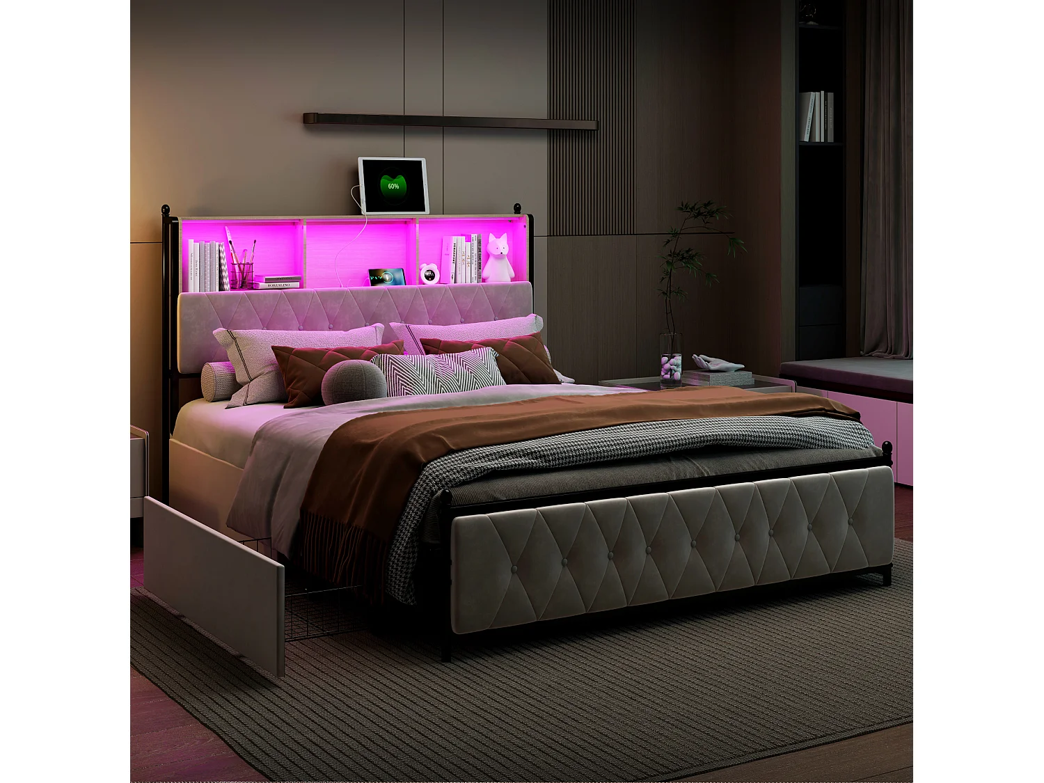 Lit capitonné avec tiroirs latéraux - 180 x 200 cm - tête de lit avec prise USB + LED RGB - velours - beige