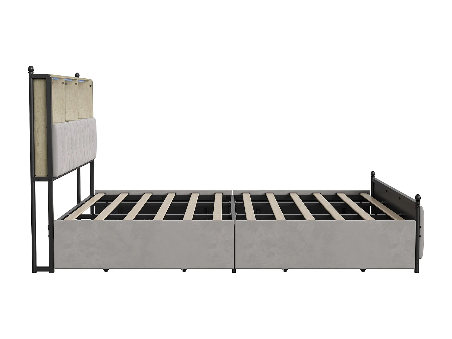 Lit capitonné avec tiroirs latéraux - 180 x 200 cm - tête de lit avec prise USB + LED RGB - velours - beige