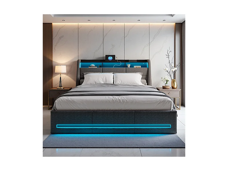Lit Double 140x190 avec Rangement Hydraulique, LED RGB et Ports USB - Tête de Lit Gris en Tissu