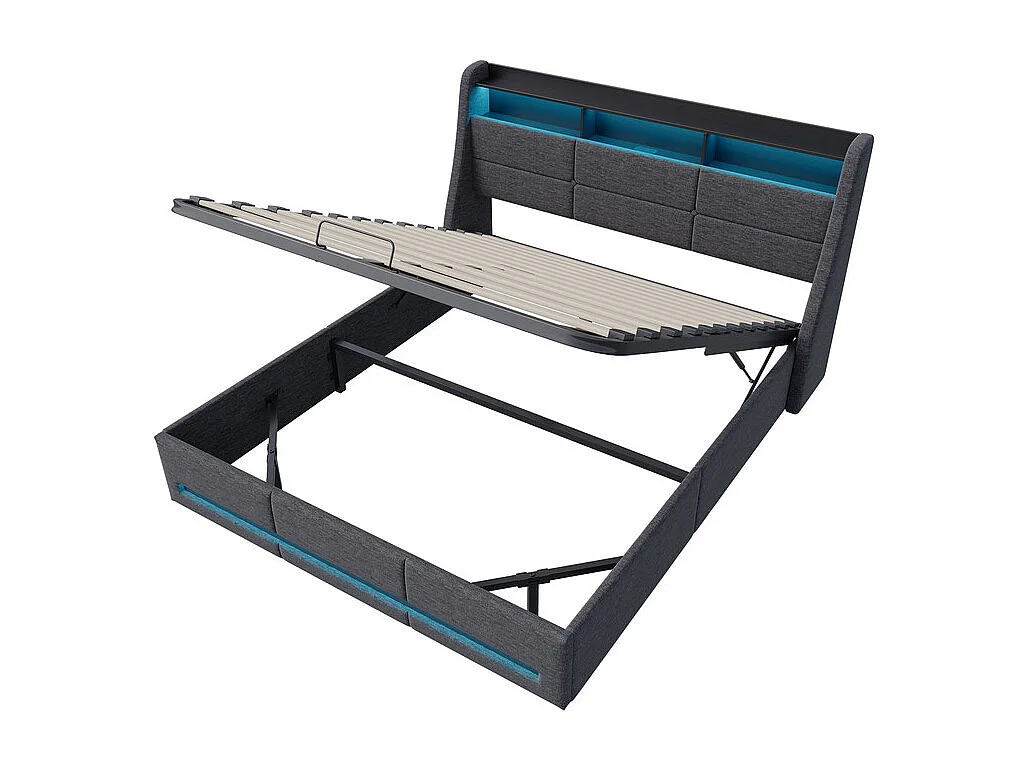 Lit Double 140x190 avec Rangement Hydraulique, LED RGB et Ports USB - Tête de Lit Gris en Tissu