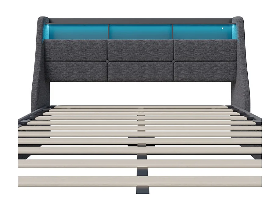 Mehrfarbiges LED-Aufbewahrungsbett - 140x190 cm - USB-Ladefähiges Kopfteil - Leinenoptik - Grau