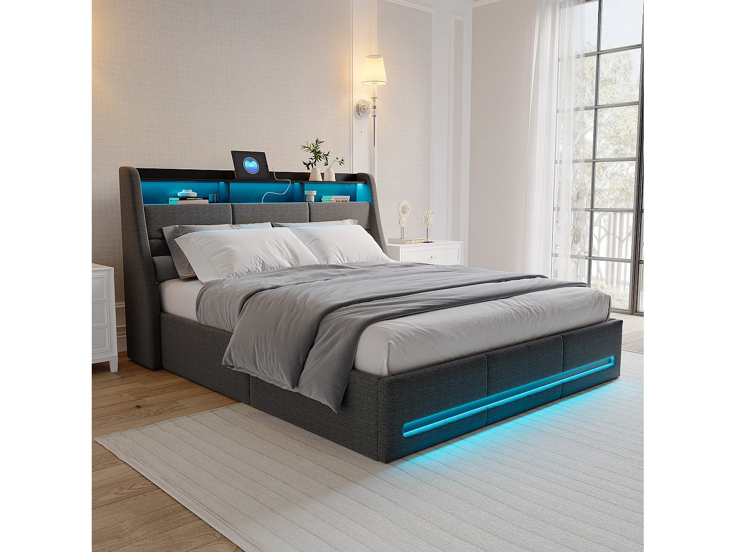 Mehrfarbiges LED-Aufbewahrungsbett - 140x190 cm - USB-Ladefähiges Kopfteil - Leinenoptik - Grau
