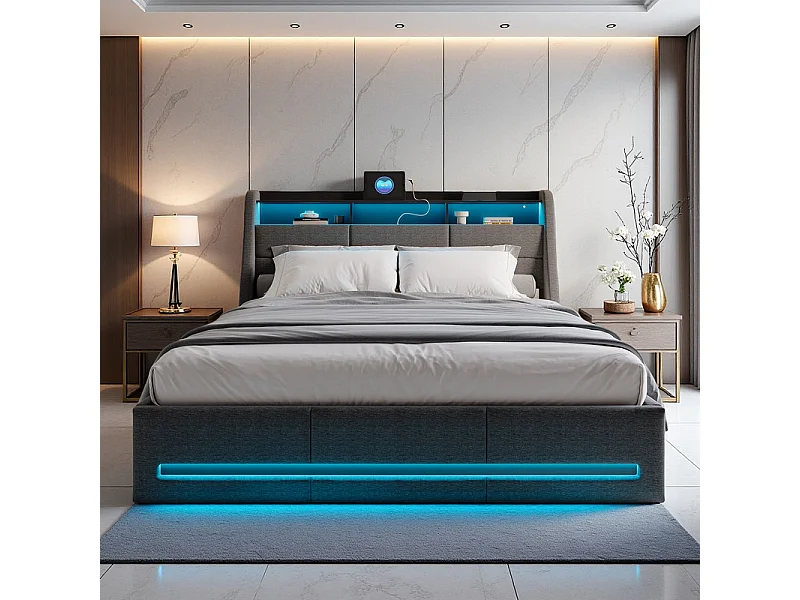 Lit Double 140x190 avec Rangement Hydraulique, LED RGB et Ports USB - Tête de Lit Gris en Tissu