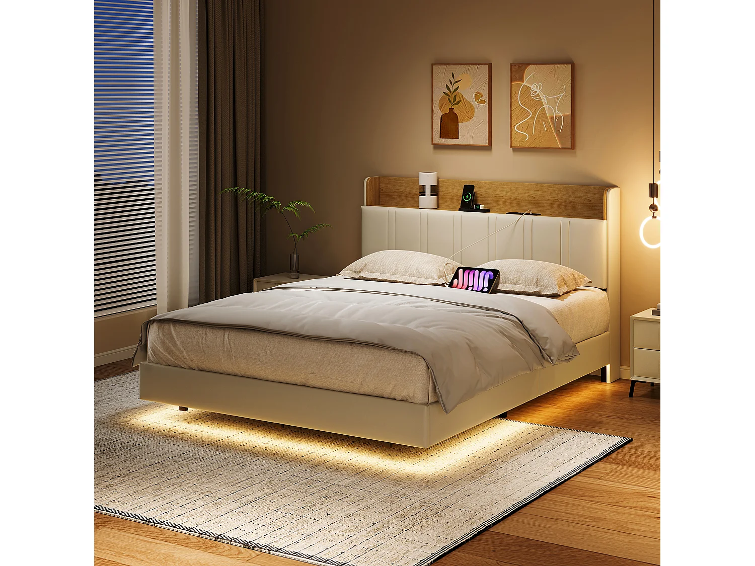 Lit Capitonné 160 x 200 cm - effet flottant avec éclairage LED décoratif, tête de lit rangement & USB, simili cuir beige