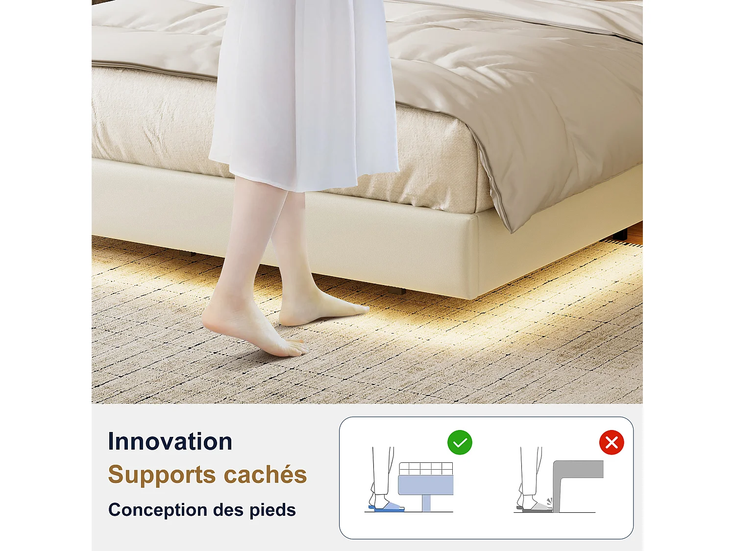 Lit Capitonné 160 x 200 cm - effet flottant avec éclairage LED décoratif, tête de lit rangement & USB, simili cuir beige
