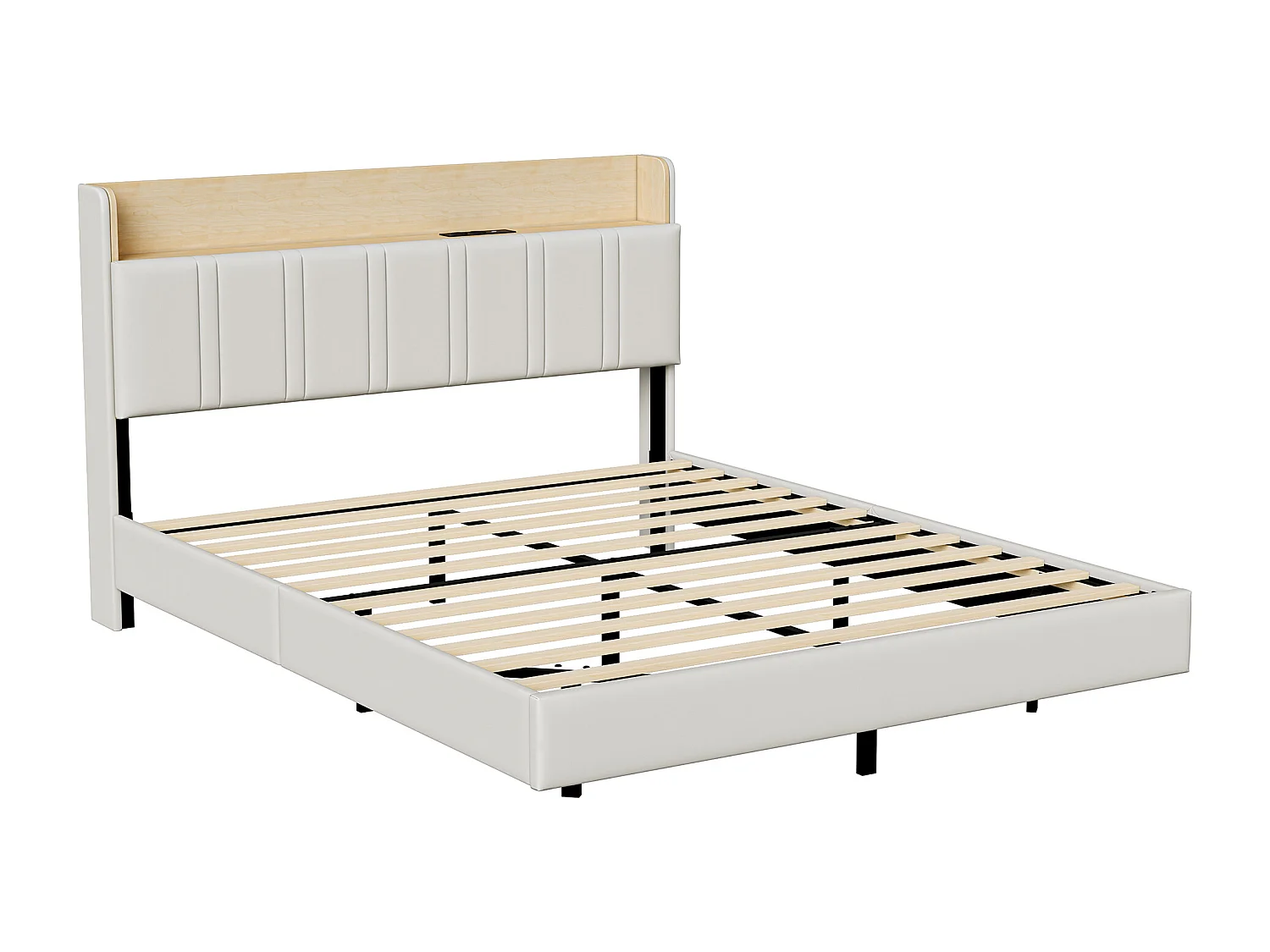 Lit Capitonné 160 x 200 cm - effet flottant avec éclairage LED décoratif, tête de lit rangement & USB, simili cuir beige