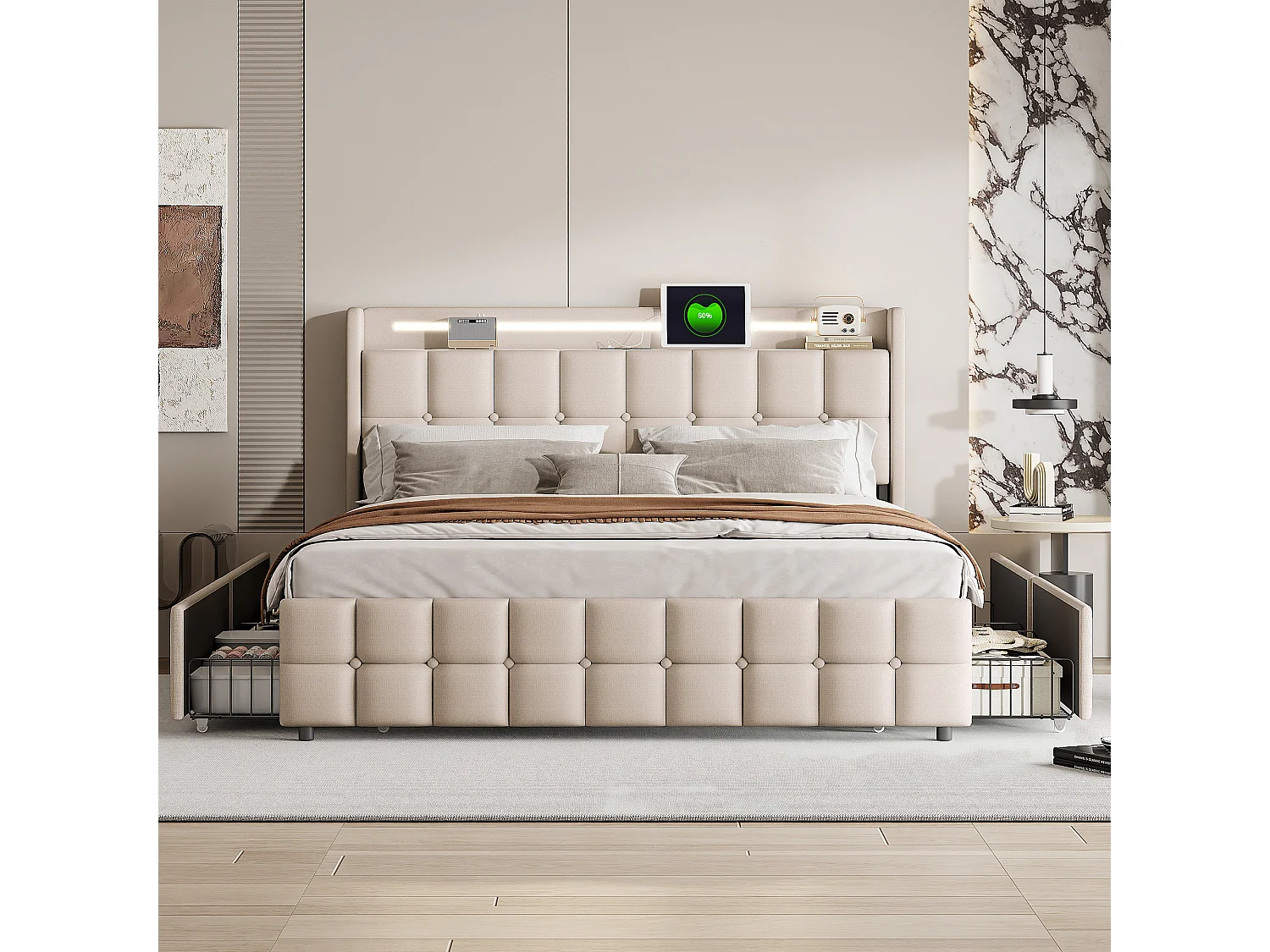 Lit double 180x200 avec tiroirs de rangement, Lit avec USB et prises électriques, LED, Lin beige, Moderne, 600 lbs, Sans sommier, Livraison 2 colis