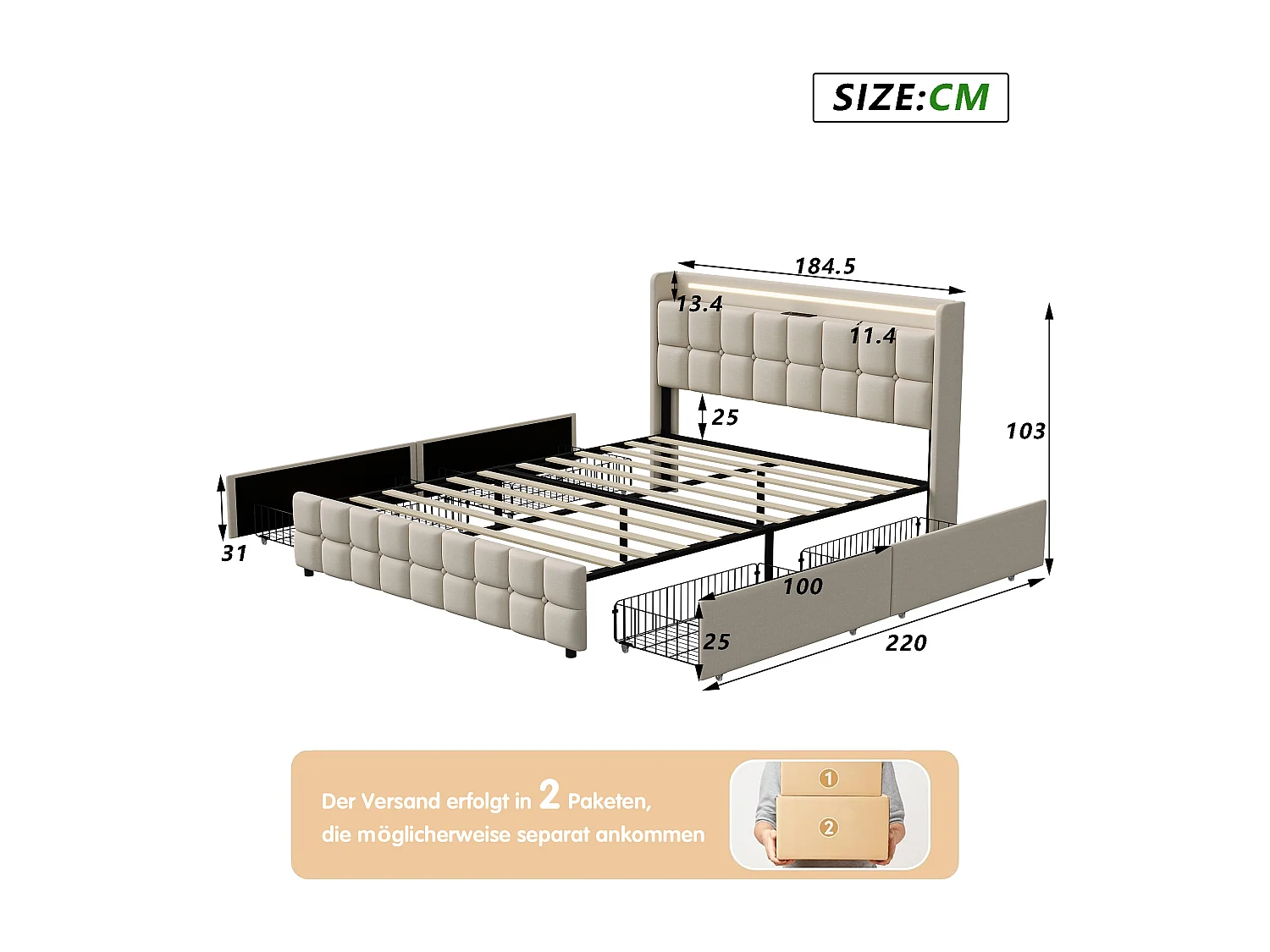 Lit double 180x200 avec tiroirs de rangement, Lit avec USB et prises électriques, LED, Lin beige, Moderne, 600 lbs, Sans sommier, Livraison 2 colis