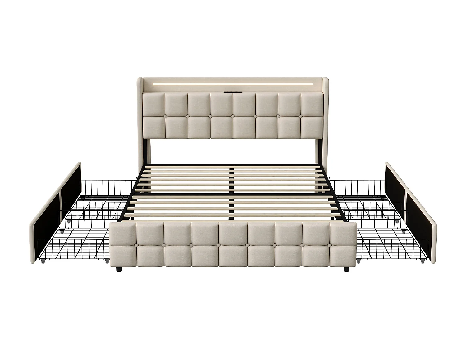 Lit double 180x200 avec tiroirs de rangement, Lit avec USB et prises électriques, LED, Lin beige, Moderne, 600 lbs, Sans sommier, Livraison 2 colis