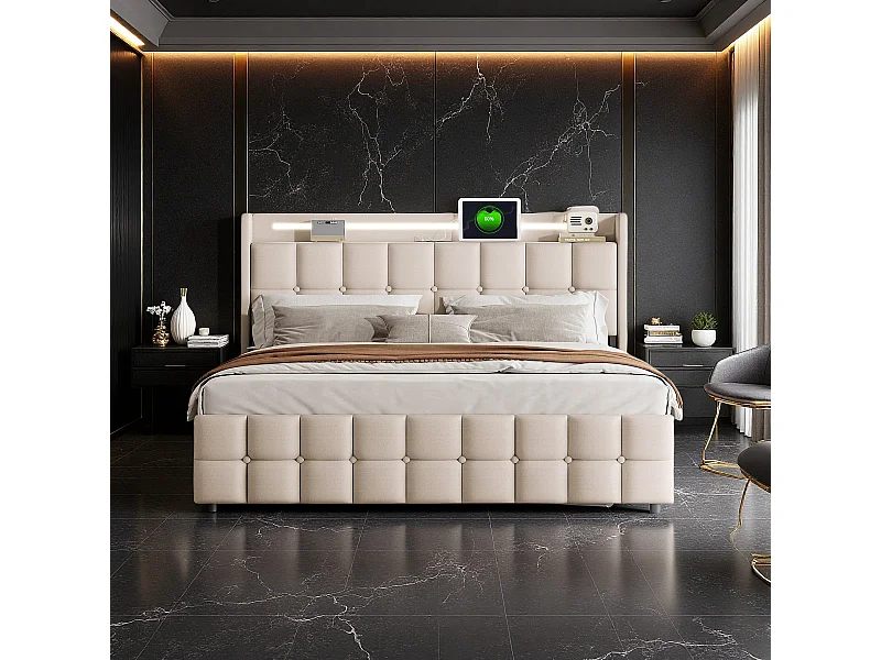 Lit double 180x200 avec tiroirs de rangement, Lit avec USB et prises électriques, LED, Lin beige, Moderne, 600 lbs, Sans sommier, Livraison 2 colis