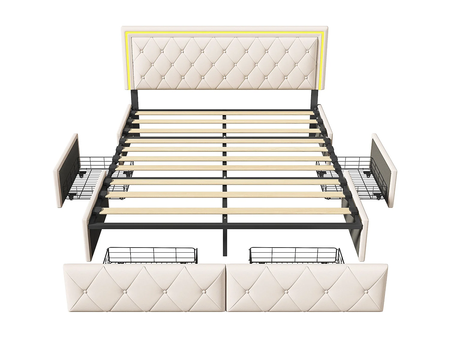 Doppelbett 160x200 mit Stauraum, LED RGB App-Steuerung, Weißes PU-Leder und Schwarzer Metallrahmen, Modernes und Geräumiges Design