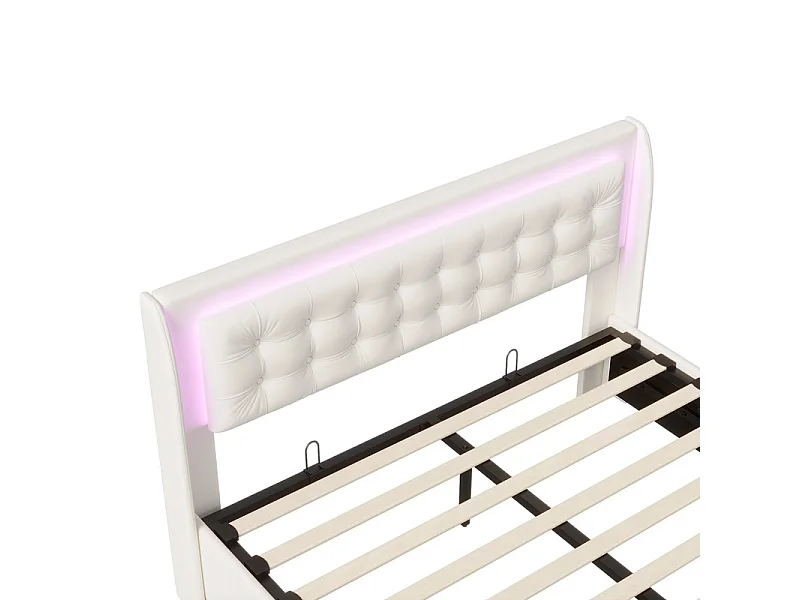 Lit Coffre Adulte 180×200cm En Velours - Avec Éclairage RGB + Coffre Hydraulique + Tiroirs De Rangement - Sommier À Lattes - Beige
