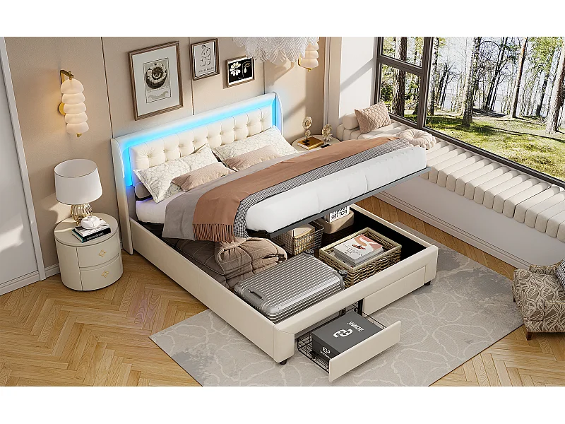 Lit Coffre Adulte 180×200cm En Velours - Avec Éclairage RGB + Coffre Hydraulique + Tiroirs De Rangement - Sommier À Lattes - Beige