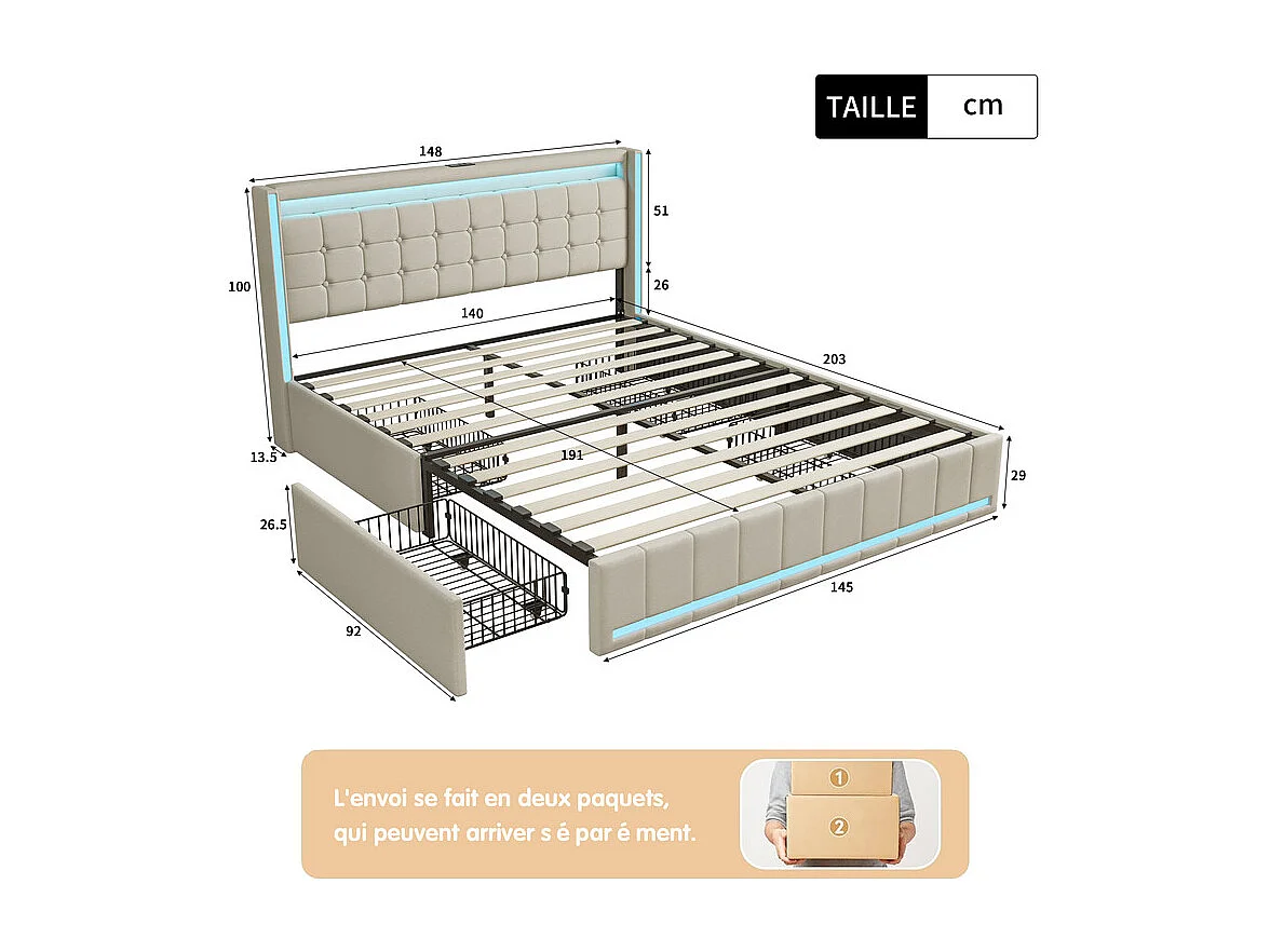 Lit Double 140x190 cm avec Tiroirs, Lit avec Rangement, LED RGB et Chargeurs USB/USB-C, Tissu Lin, Lit Moderne Gain de Place