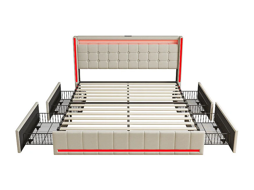 Lit Double 140x190 cm avec Tiroirs, Lit avec Rangement, LED RGB et Chargeurs USB/USB-C, Tissu Lin, Lit Moderne Gain de Place