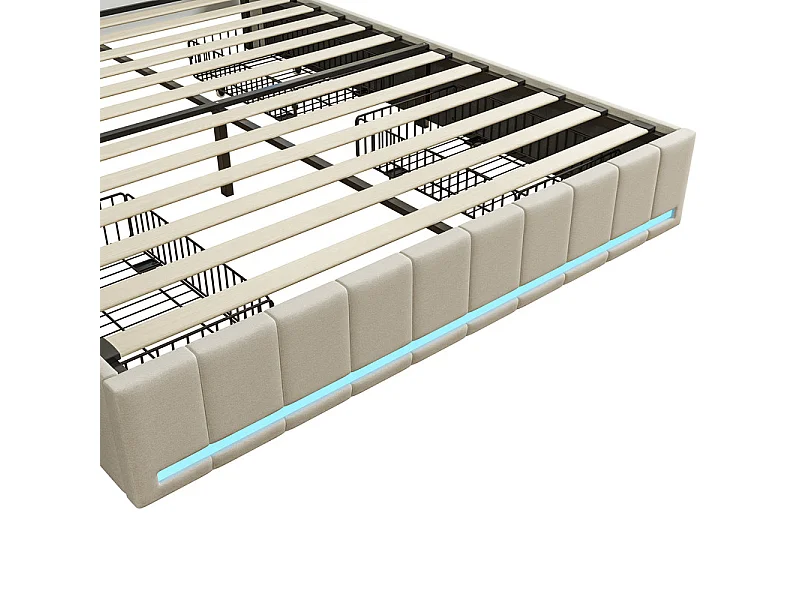 Lit Double 140x190 cm avec Tiroirs, Lit avec Rangement, LED RGB et Chargeurs USB/USB-C, Tissu Lin, Lit Moderne Gain de Place