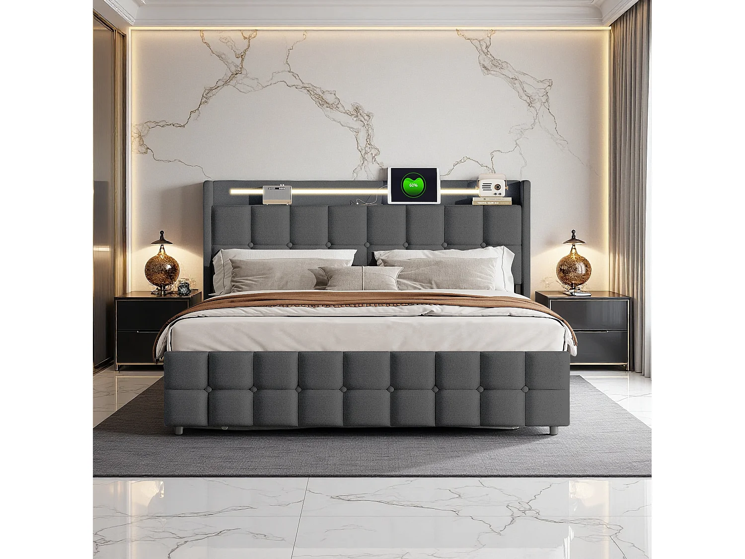 Lit Double Gris avec 4 Tiroirs de Rangement 160x200 - Tissu Lin - LED, USB et Prises - Supporte 300 kg - Moderne et Design