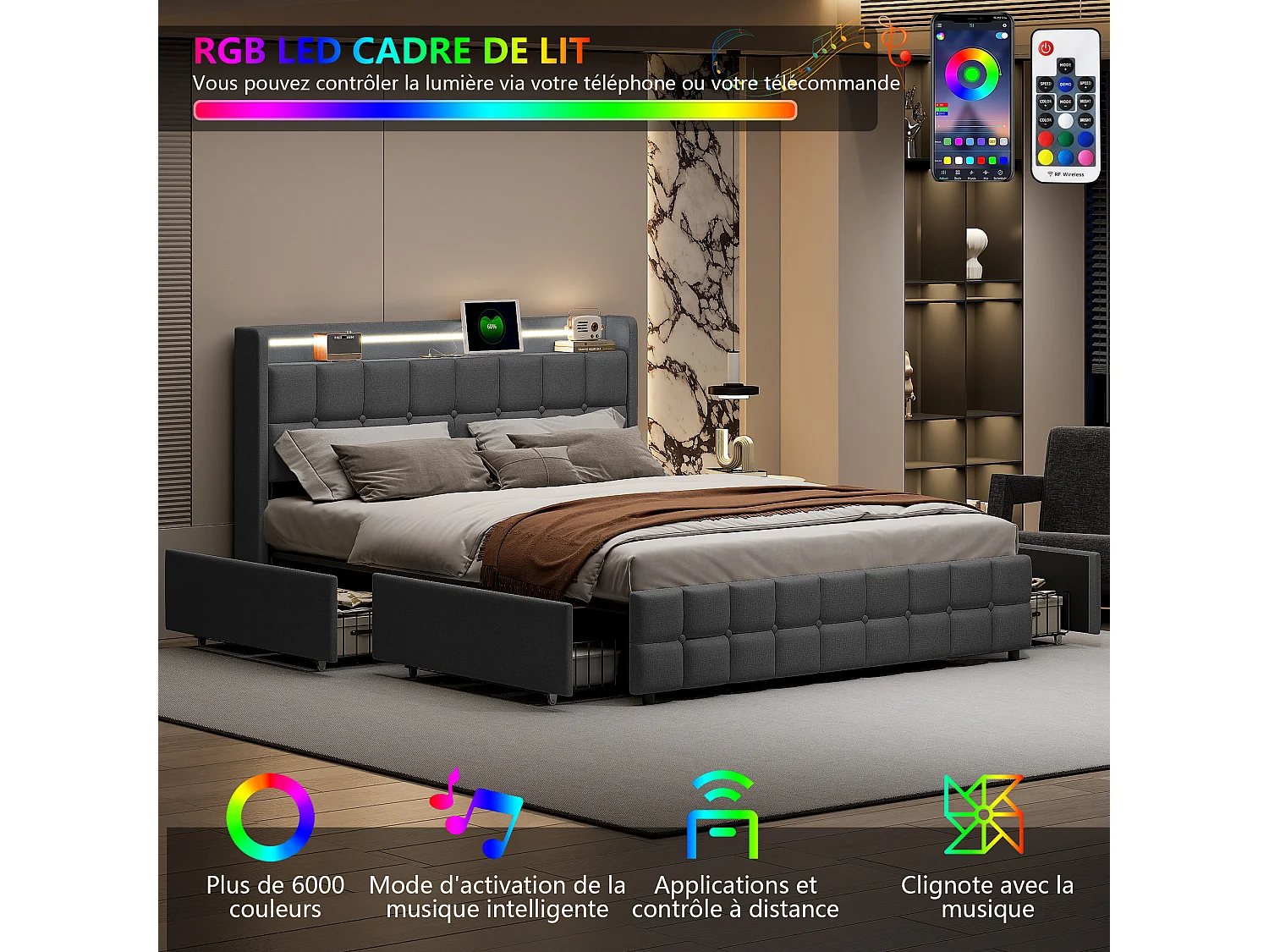 Lit Double Gris avec 4 Tiroirs de Rangement 160x200 - Tissu Lin - LED, USB et Prises - Supporte 300 kg - Moderne et Design