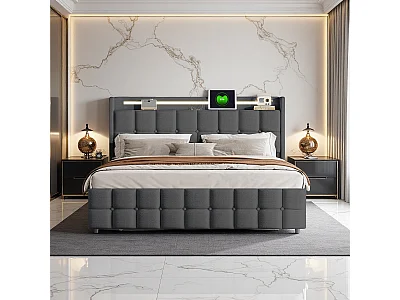 Modern Grijs Tweepersoonsbed 160x200 met 4 Opberglades, LED, USB en Stopcontacten - Ondersteunt 300 kg