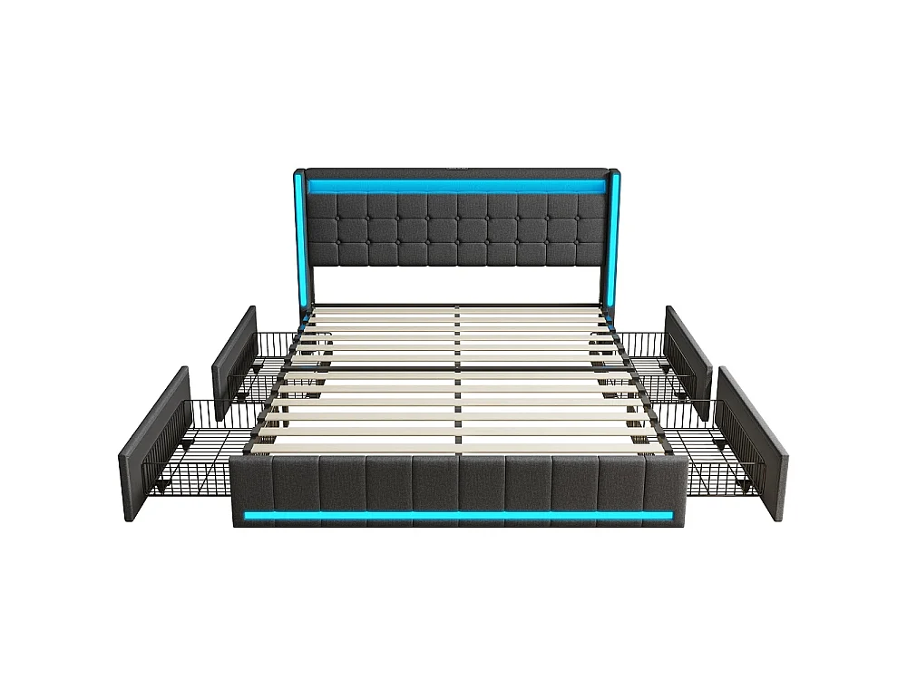Cama Tapizada Moderna Lin con Iluminación LED, Puertos USB y 4 Cajones de Almacenamiento - 180 x 200 cm - Gris