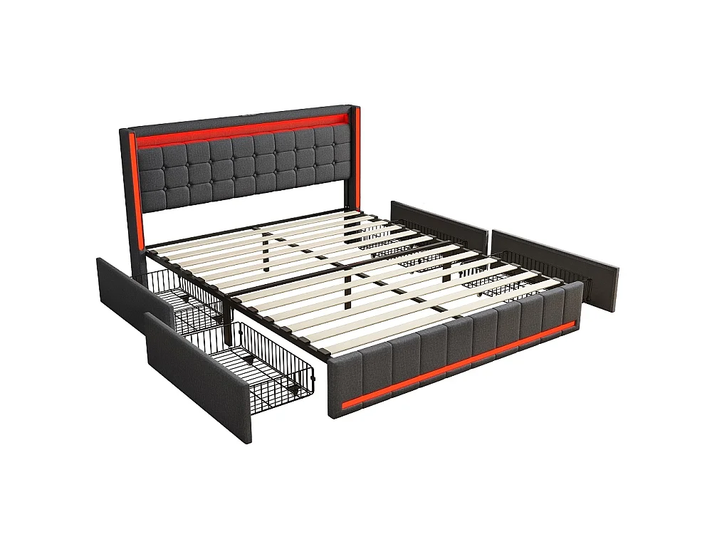 Cama Tapizada Moderna Lin con Iluminación LED, Puertos USB y 4 Cajones de Almacenamiento - 180 x 200 cm - Gris